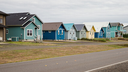Row of Colorful Cabins in Ocean Shores, WA, USA