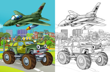 cartoon scene with military army different duty vehicles on the road with sketch  illustration for children