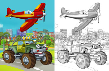 cartoon scene with military army different duty vehicles on the road with sketch  illustration for children