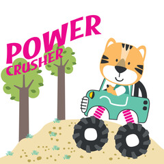 Cartoon vector of monster truck with funny tiger driver. Can be used for t-shirt print, kids wear fashion design, invitation card. fabric, textile, nursery wallpaper, poster and other decoration.