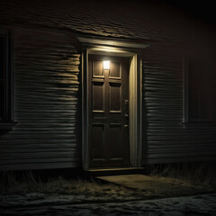 Creepy haunted door in the night with spooky trees, 
