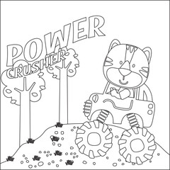 Vector illustration of monster truck with cute tiger driver. Cartoon isolated vector illustration, Creative vector Childish design for kids activity colouring book or page.