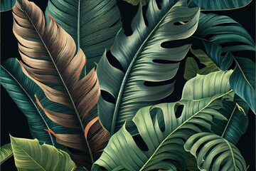 Tropical seamless pattern with beautiful palm banana leaves, background - generative ai