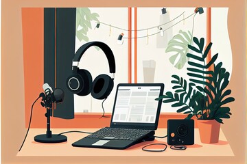 Cozy workplace of content creator with microphone and laptop, musician, video editor, desk, soundcard, headphones - generative ai