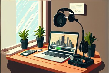 Cozy workplace of content creator with microphone and laptop, musician, video editor, desk, soundcard, headphones - generative ai