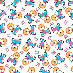 Seamless pattern of funny lion driving the red car. Can be used for t-shirt print, Creative vector childish background for fabric textile, nursery wallpaper and other decoration.