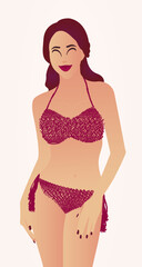 beautiful lady in a trendy pink bikini, woman in burgundy bikini, long wavy dark hair, tanned skin, smiling, soft dreamy lighting, high resolution, detailed fashion illustration