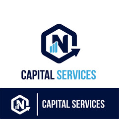 Initial N Letter with Bar Chart and Up Growing Arrow for Finance, Capital Business Services Logo Idea Template