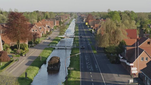 Canal of a small town in the north of Germany Drone Shot Papenburg
