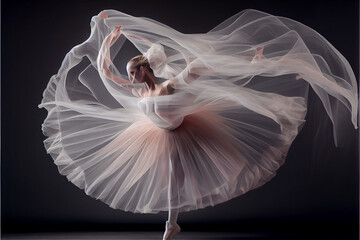 Fototapeta Graceful ballerina dancer wearing a gauzy dress jumping, generative AI obraz
