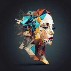 illustration, abstract female head made of geometric fragments, generative AI