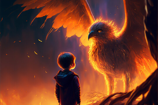 A young child looks up in awe as a beautiful phoenix soars above them. it captures the moment with vibrant colors, creating a stunning and mesmerizing scene. generative ai