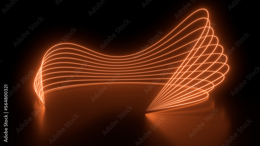 Poster sci fy neon glowing wave lines in a dark hall. reflections on the floor. empty background in the cen