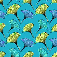Ginkgo biloba leaves seamless pattern. Hand drawn digital  illustration. Turquoise background.