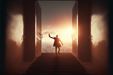 Fototapeta premium A successful businessman is celebrating his success with a cheer on a staircase against a bright blue sky. His success is the result of hard work, dedication , strategic decision-making, generative ai