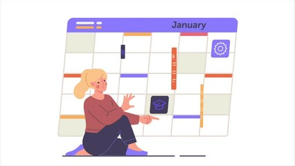 Online calendar video concept. Young moving girl develops daily schedule for efficiency and productivity. Character writing notes and reminders. Time management. Flat graphic animated cartoon