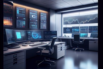 Fototapeta premium Trader's workplace, empty, with a large number of monitors. 3d illustration of trader workplace with data, infographic, charts. Stock and cryptocurrency trading, stock market. Generative ai
