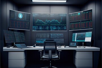 Fototapeta premium Trader's workplace, empty, with a large number of monitors. 3d illustration of trader workplace with data, infographic, charts. Stock and cryptocurrency trading, stock market. Generative ai