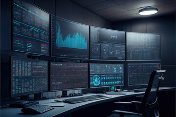 Trader's workplace, empty, with a large number of monitors. 3d illustration of trader workplace with data, infographic, charts. Stock and cryptocurrency trading, stock market. Generative ai	
