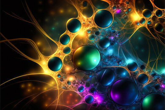 Réseau neuronal, bulles colorées vertes et violettes, liens orange et roses, arrière-plan ou fond d'écran, illustration IA générative