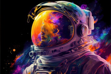 Obraz na płótnie Canvas An astronaut in a spacesuit and a protective suit flies in space - multi-colored strokes of paint. Beautiful grunge illustration of an astronaut. 3D illustration, generative ai