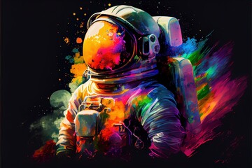 Obraz na płótnie Canvas An astronaut in a spacesuit and a protective suit flies in space - multi-colored strokes of paint. Beautiful grunge illustration of an astronaut. 3D illustration, generative ai