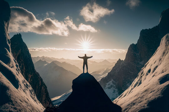 Un homme glorieux au sommet d'une montage, ascension au sommet, r&eacute;ussite, succ&egrave;s, illustration IA g&eacute;n&eacute;rative