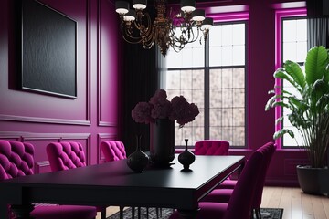 Modern style dining room interior design with magenta wall