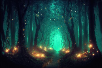 Gloomy fantasy forest scene at night with glowing lights Generative AI