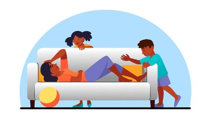 Tired unhappy woman video concept. Exhausted moving mother lies on couch. Character surrounded by running children. Overworked housewife suffering from housework. Flat graphic animated cartoon