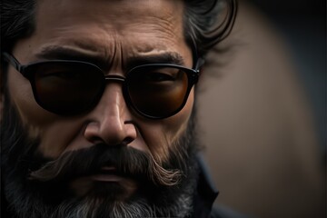 Bearded mid aged asian man using sunglasses looking at the camera. Generative AI