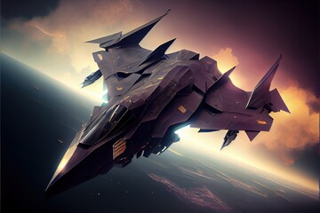 Futuristic fighter bomber flying in space. Modern fighter, combat flying ship. 3d realistic illustration. Generative ai