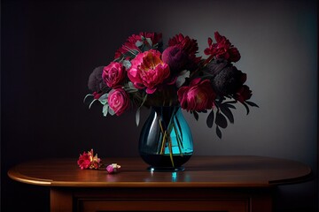 A lush bouquet of red flowers in a room with dark tones. Realistic 3d illustration of peonies flowers in a vase, on a wooden table. Generative ai