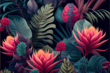 Tropical foliage and blooming flowers. 3d illustration of beautiful flowers and leaves laid out in a composition. Generative ai