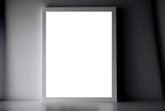 Empty gallery room with clear picture frame sample on light gray wall. Generative AI