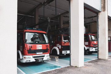 3 Fire trucks at the fire station, Public emergency service.