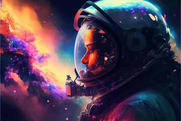 A lone astronaut in space, looking at a beautiful multi-colored glow. 3D illustration in watercolor style. Generation ai