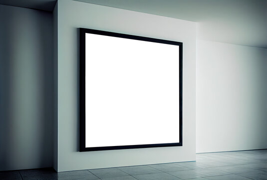Empty gallery room with clear picture frame sample on light gray wall. Generative AI