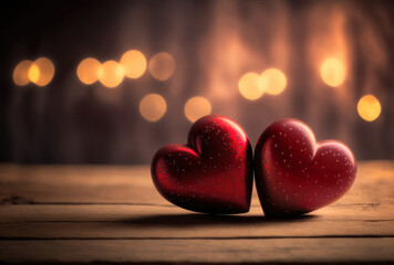 Two Wooden Red Hearts Standing On Wooden Table With Blurred Romantic background. Valentines day concept. Generative AI.