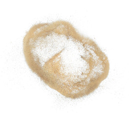 Sand flying explosion, Golden sand wave explode. Abstract sands cloud fly. Yellow colored sand splash throwing in Air. White background Isolated high speed shutter, throwing freeze stop motion