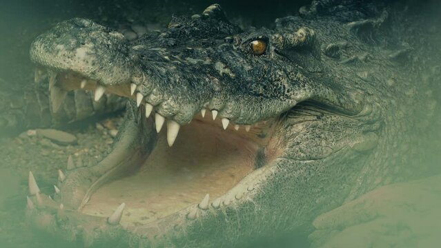 Crocodile Opens Mouth In Misty Swamp
