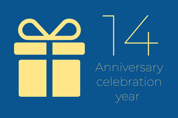 14 logo. 14 years anniversary celebration text. 14 logo on blue background. Illustration with yellow gift icon. Anniversary banner design. Minimalistic greeting card.  fourteen  postcard