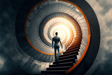 A businessman is running up a stairway, determined to reach his target. the challenge and trouble along the path, he is determined to overcome all obstacles in order to achieve success generative ai - obrazy, fototapety, plakaty