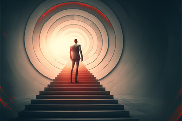A businessman is running up a stairway, determined to reach his target. the challenge and trouble along the path, he is determined to overcome all obstacles in order to achieve success generative ai