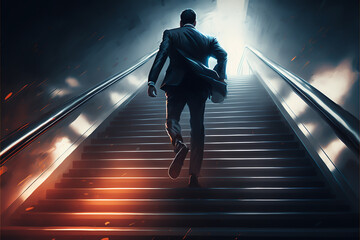 A businessman is running up a stairway, determined to reach his target. the challenge and trouble along the path, he is determined to overcome all obstacles in order to achieve success generative ai - obrazy, fototapety, plakaty
