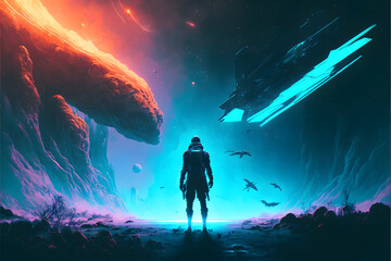 landscape with a person standing in front of epic sci fi scene, generative AI