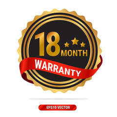 18 month warranty golden seal, stamp, badge, stamp, sign, label with red ribbon isolated on white background.