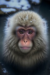 Obraz premium illustration, macaque monkey bathing in onse, japan hot springs,image generated by AI