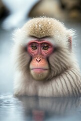 illustration, macaque monkey bathing in onse, japan hot springs,image generated by AI