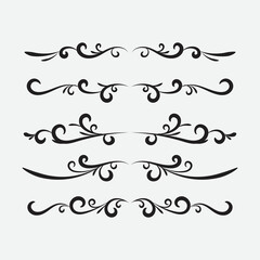 Set of ornamental filigree flourishes and thin dividers. Classical vintage elements, vector illustration